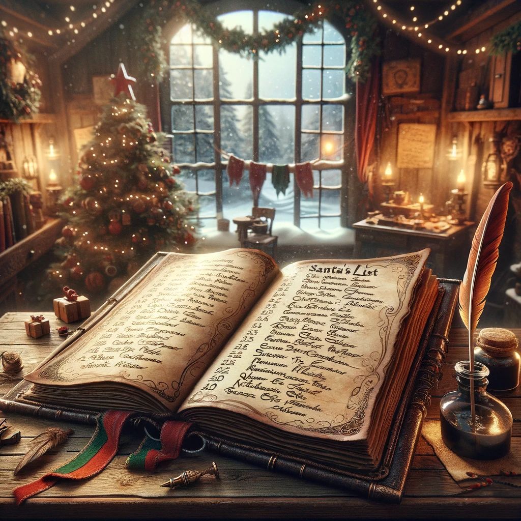 Santa's big book of names on a wooden desk